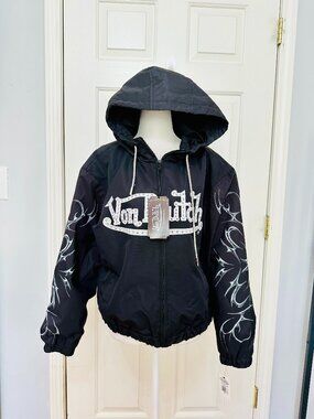 VON DUTCH RHINESTONE STUDDED FULL ZIP HOODED WINDBREAKER LIGHT JACKET BLACK XL